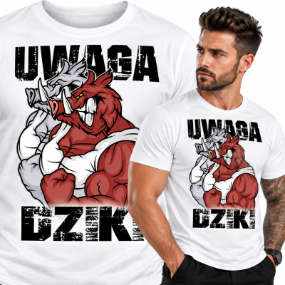 KOSZULKA NA SIŁOWNIĘ UWAGA DZIKI(BIAŁA)